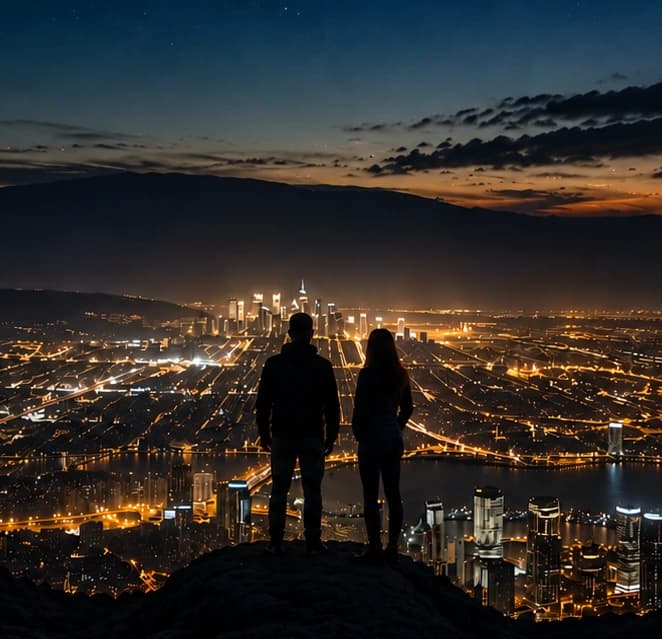 Two people standing on a mountain ledge at night, looking out over a glittering city skyline at head height